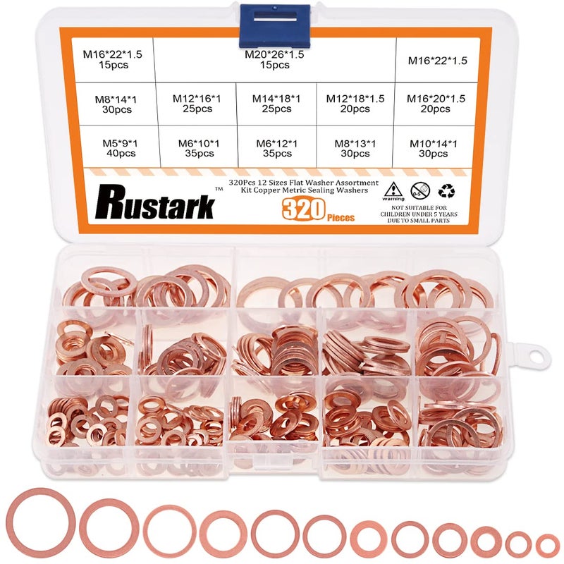 Rustark 320 Pcs Copper Flat Washers Assortment Kit Metric Sealing Washers M5 M6 M8 M10 M12 M14 M16 M20ï¼ˆ12 Sizesï¼‰ - Image 1